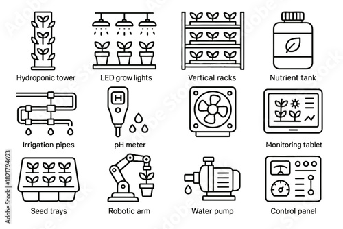Control icons pipes icon panel ventilation vertical grow tank racks farming vector