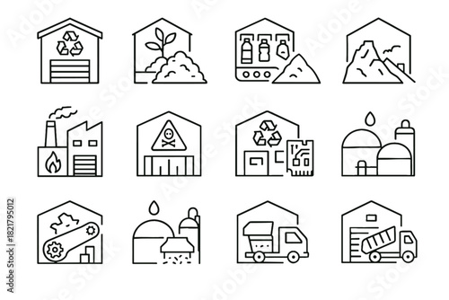 Composting icons storage plant recycling icon management anaerobic vector sorting waste station