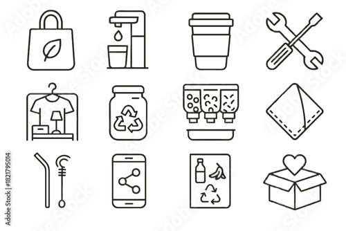 Bag icon icons reduction straw waste box reusable tools cloth vector cup