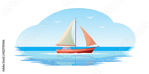 Red sailboat on blue water with white sails and birds