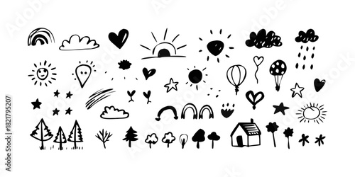 Rough ink doodle icons of nature and objects hand drawn