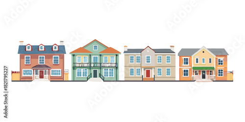Row of colorful cartoon houses with transparent background