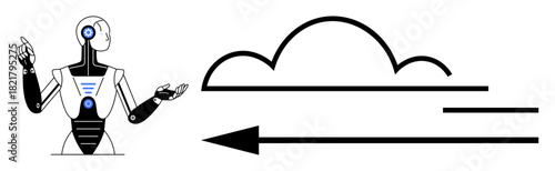 Artificial intelligence concept. Humanthumbs up robot interacting with cloud technology and arrows data transfer. Artificial intelligence reshaping cloud computing and technology. Useful for AI