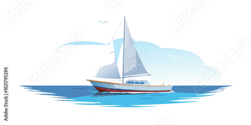 Sailboat on blue water with white sails and birds sailing