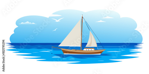 Sailboat sailing on blue ocean with white sails and birds