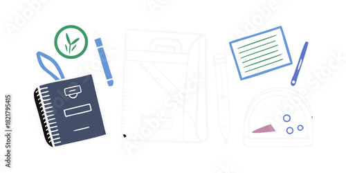 School supplies doodles on white background backpack