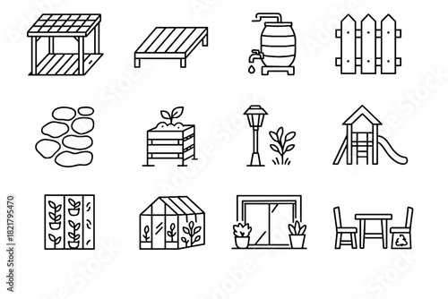 Vector furniture icons fence barrel icon wooden garden eco solar outdoor vertical