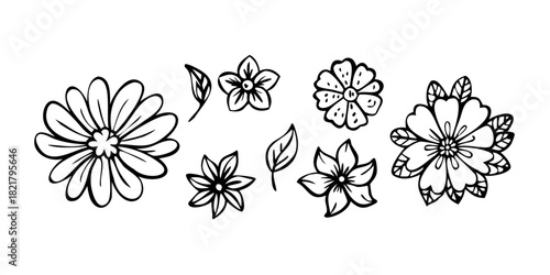 Simple Black and White Floral Doodle Icons vector 1