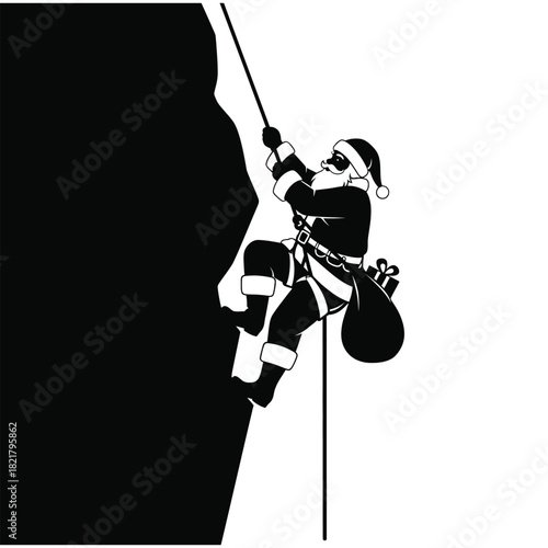 Santa climbing a steep mountain rock wall with a rope harness and gift pouch in a bold black and white vector silhouette