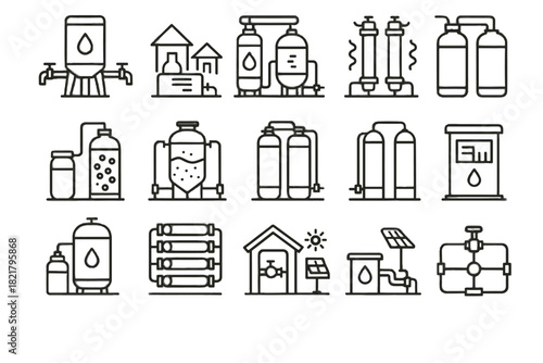 Vector carbon tank purification icon network water exchange system community monitoring ion