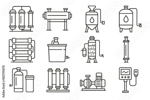 Carbon filtration purification water chemical tower automated icon station system industrial vector