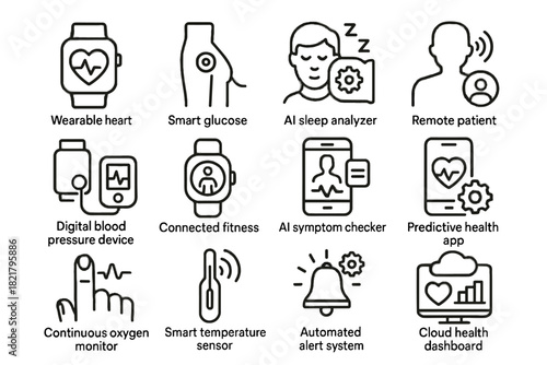 Digital remote oxygen healthcare iconography sensor continuous monitor ai icon vector checker