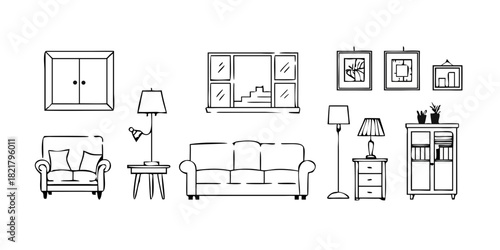 Simple Line Drawing of a Cabinet with Drawers and Plants