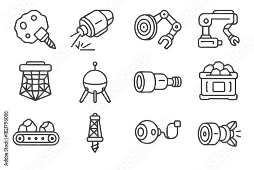 Cutter robotic rig asteroid mining conveyor tools vector icon thruster space sensor