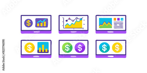 Six colorful computer screens displaying financial charts and coins
