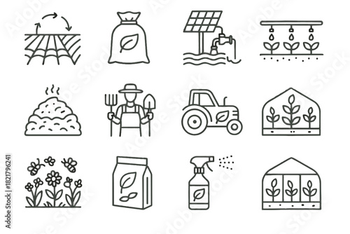 Heap crop greenhouse spray vector icons fertilizer sustainable agriculture icon sack tools