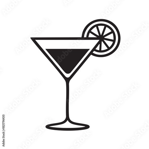 A simple black and white illustration depicts a classic martini glass with a lemon slice garnish