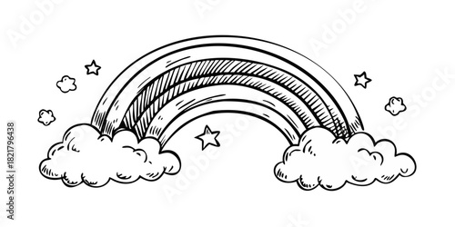 Sketchy rainbow with clouds and stars on white background 1