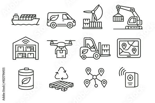 Friendly icon shipping vector crane module warehouse network eco solar ship van