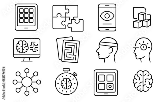 Brain attention reaction activity timer app skill training diagram icon interface vector