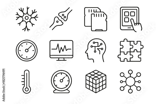 Neurotraining tablet icon meter map set reaction cognitive vector cube neuron synapse