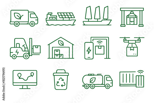 Crane recycling green vector tanker biofuel shipping route drone smart forklift icon