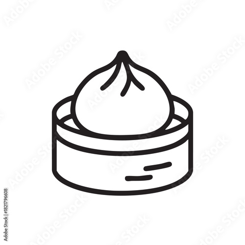 A simple black and white line drawing depicts a single steamed dumpling in a bamboo steamer basket