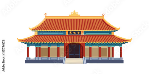 Stylized ancient Chinese building with red and yellow roof