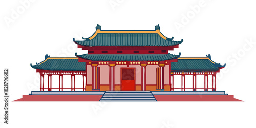 Stylized ancient Chinese temple building with red and blue roofs