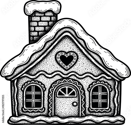 Whimsical black and white illustration of a charming gingerbread house adorned with sugary snow details