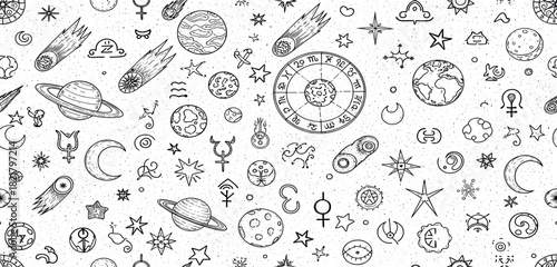 Seamless cosmic background featuring hand-drawn astrology icons, planets, stars, and zodiac symbols in a repeating pattern