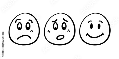Three cartoon faces happy sad surprised on white emoji