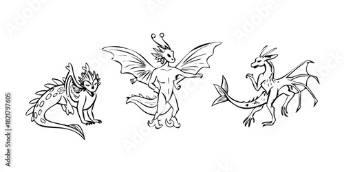 Three fantasy creatures with wings and tails dragon 1