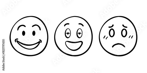Three hand drawn smiley faces with different emotions 2