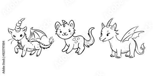 Three whimsical fantasy creatures with playful expressions