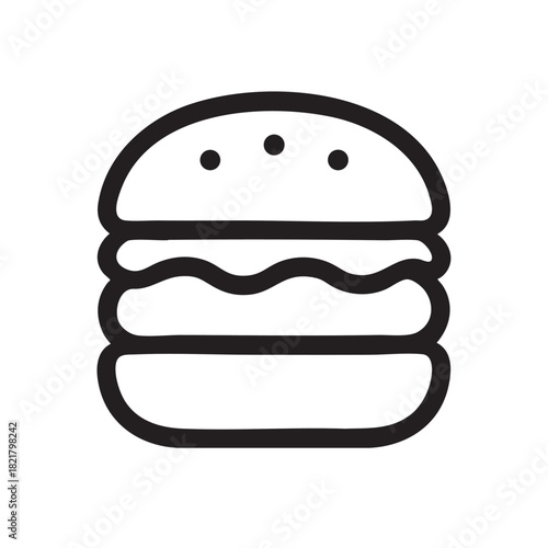a simple black and white line drawing depicts a classic cheeseburger with stacked layers of ingredients