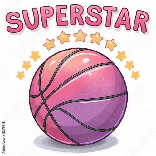 Pink and Purple Cartoon Basketball with “Superstar” Bubbly Text Sticker
