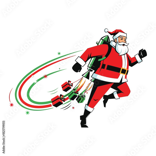 Santa flying with a retro jetpack releasing spark trails and carrying small gift bags in a dynamic festive vector silhouette