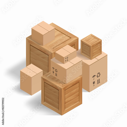Pile of cardboard and wooden boxes. Isometric projection. Stack isolated on white background. Vector illustration.