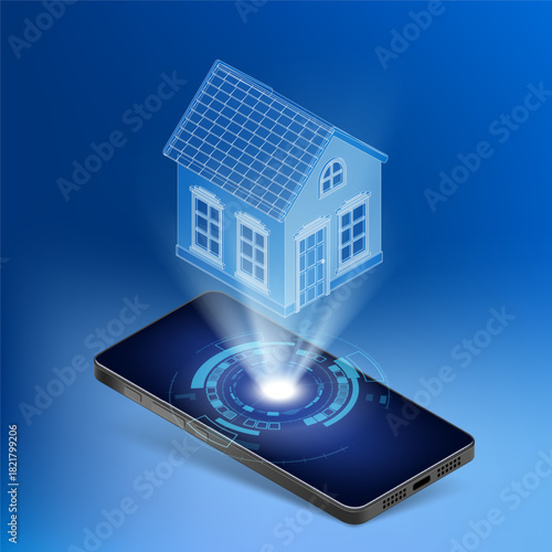 House on a smartphone screen. Smart home technology. Control and management of the house via smartphone. Vector illustration.