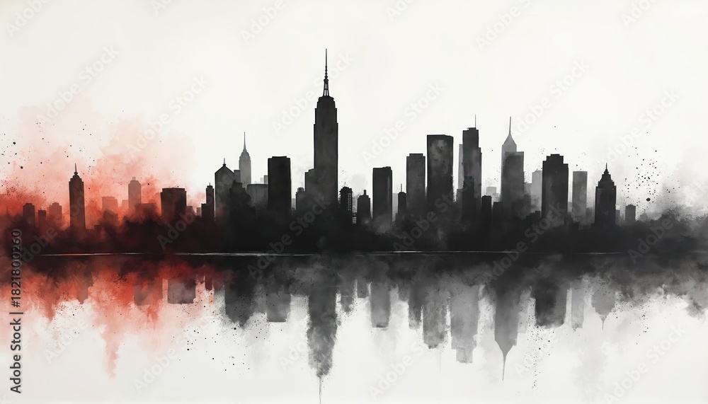 Fototapeta premium Illustration of NYC skyline in minimalist style with reflection. Art depicts dark silhouettes of skyscrapers. Artistic representation of an urban landscape with orange-red accents.