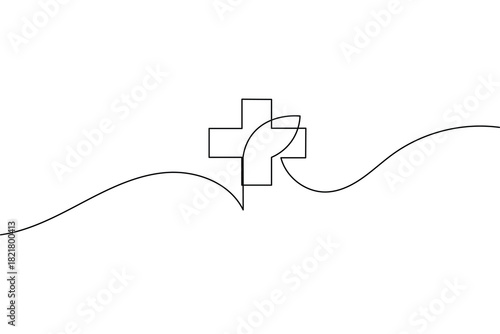 Simple medical cross with leaf one line art continuous drawing