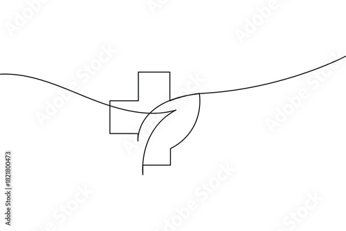 Simple medical cross and leaf one line art continuous drawing