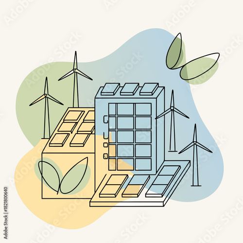 Sustainable energy sources powering a modern building with solar panels and wind turbines