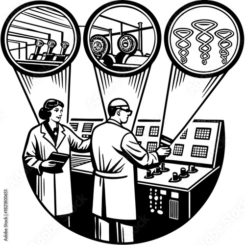 Scientists monitor advanced technology and dna strands in a futuristic lab