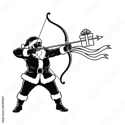 Santa pulling a large bow and shooting a gift arrow in a heroic pose as a bold black and white vector silhouette