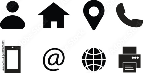 Contact information and business card icon set. Phone, email, website address, user profile, location map pin, and printer vector symbols.