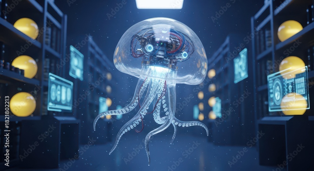 Obraz premium Translucent robotic aquatic organism hovers within a futuristic digital archive setting
