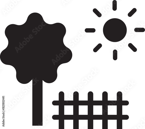 Outdoor scene with tree, fence, sun