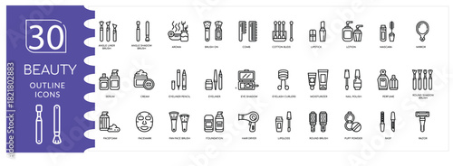 Beauty , Skincare Icon Set. Cream, Mask, Serum ,Facial Care Vector Pack, Cosmetics .Makeup Vector Collection. Lipstick, Brush, Mascara,  Salon Symbols, Spa, Personal Care Illustration Set .